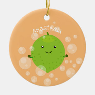 Cute green lime bubbles cartoon illustration ceramic ornament