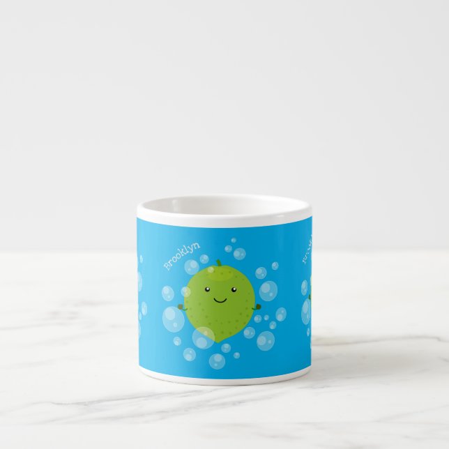 Cute green lime bubbles cartoon illustration espresso cup (Front)