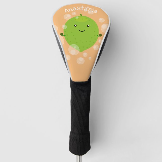 Cute green lime bubbles cartoon illustration golf head cover (Front)