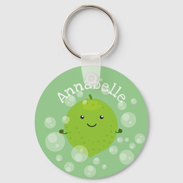 Cute green lime bubbles cartoon illustration keychain (Front)