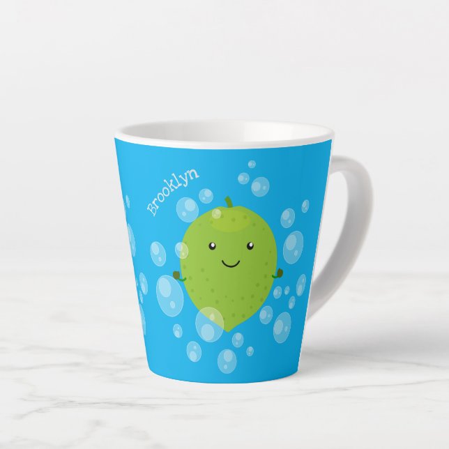 Cute green lime bubbles cartoon illustration latte mug (Right Angle)