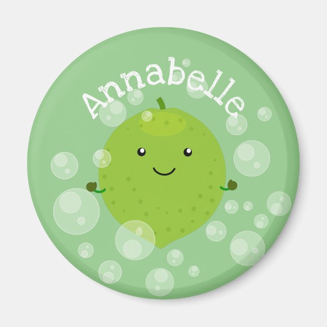 Cute green lime bubbles cartoon illustration magnet (Front)