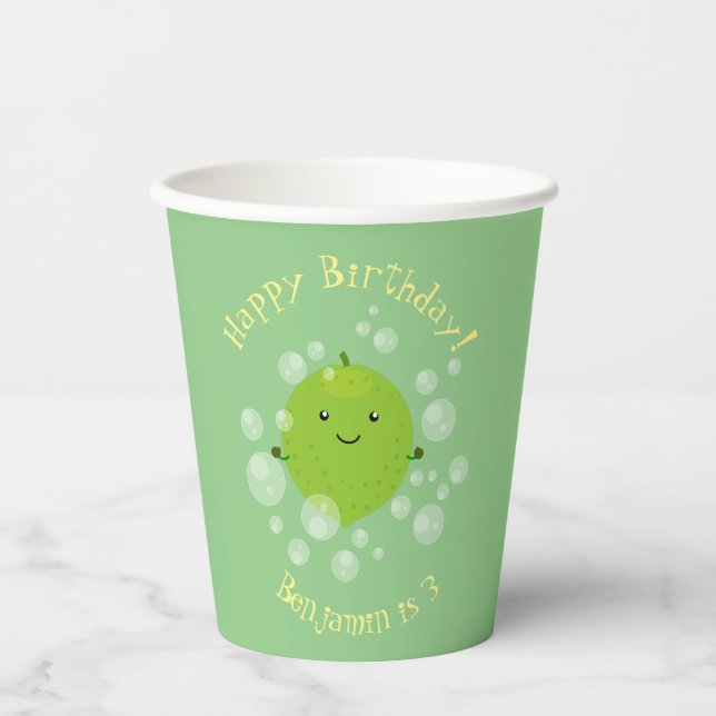 Cute green lime bubbles cartoon illustration paper cups (Front)