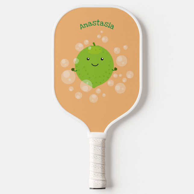 Cute green lime bubbles cartoon illustration pickleball paddle (Front)