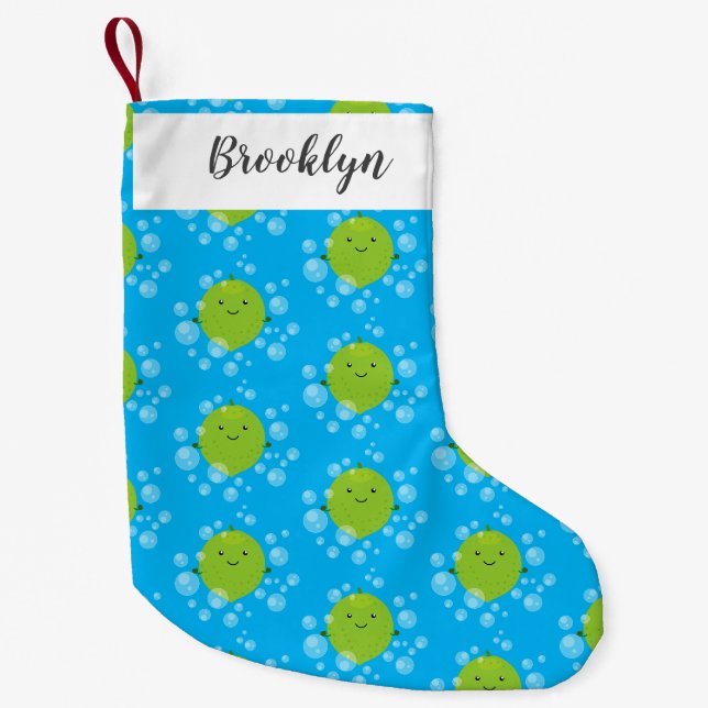 Cute green lime bubbles cartoon illustration small christmas stocking (Front)