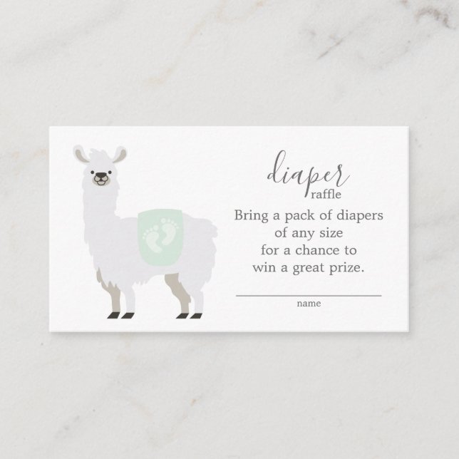 Cute Green Llama Diaper Raffle Ticket Baby Shower Enclosure Card (Front)
