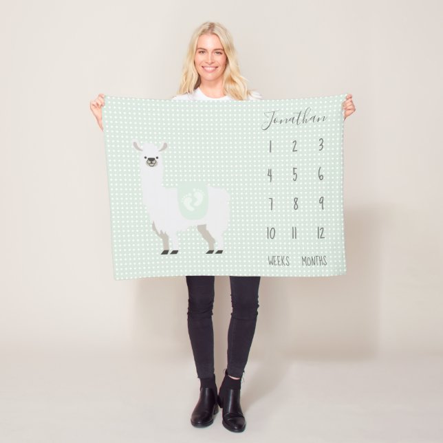 Cute Green Llama Polka Dot Baby Milestone Fleece Blanket (In Situ)