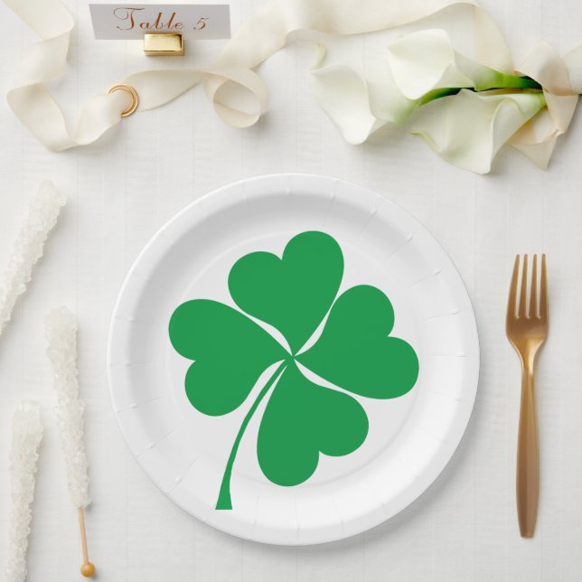 Cute Green Lucky 4 leaves heart Clover shamrock Paper Plate (Wedding)
