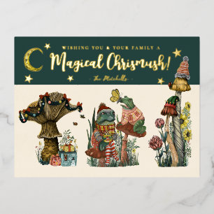 Cute Green Magical Mushroom Merry Christmas Foil Foil Holiday Postcard