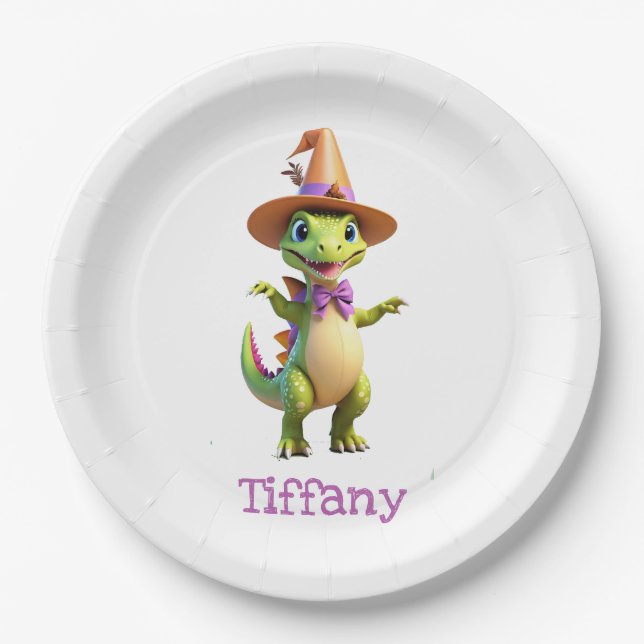 Cute green magician dinosaur paper plate (Front)