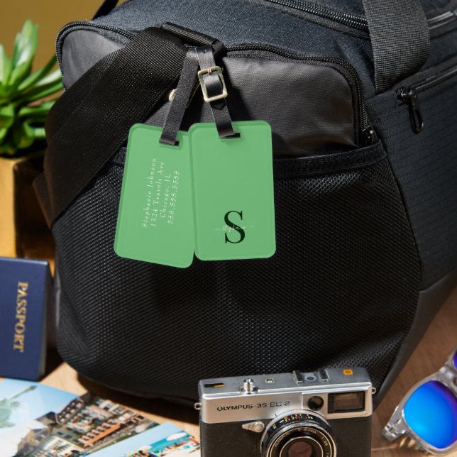 Cute Green Monogram Initials and Name Luggage Tag (Front & Back)