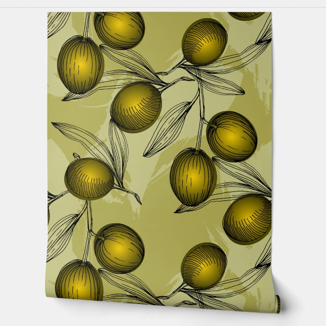 Cute Green Olives Botanical Garden Pattern  Wallpaper (Unrolling)