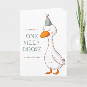 Cute Green One Silly Goose First Birthday Card