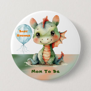 Cute Green Orange Dragon Boy Baby Shower Mom To Be 3 Inch Round Button