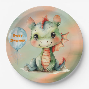 Cute Green Orange Dragon Boy Baby Shower Paper Plate