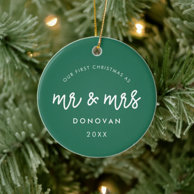 Cute Green Our First Christmas Photo Ceramic Ornament (Tree)