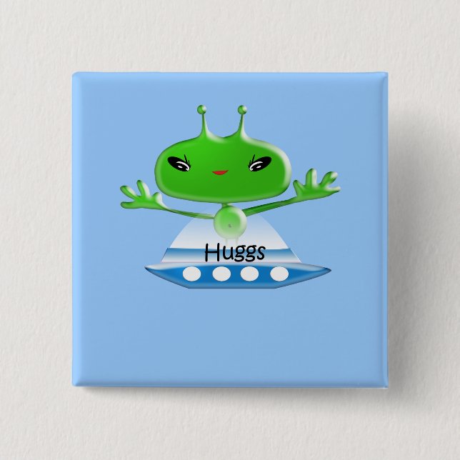 Cute Green Outer Space Aliens with Space Ship 2 Inch Square Button (Front)