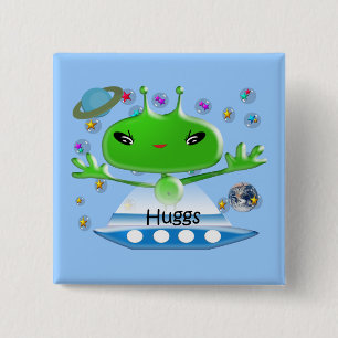 Cute Green Outer Space Aliens with Space Ship 2 Inch Square Button