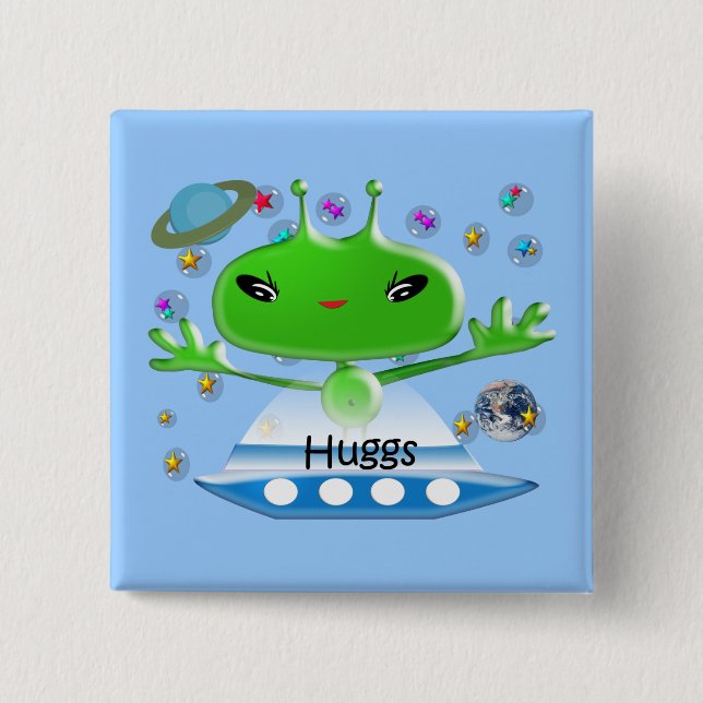 Cute Green Outer Space Aliens with Space Ship 2 Inch Square Button (Front)