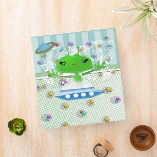 Cute Green Outer Space Aliens with Space Ship Binder