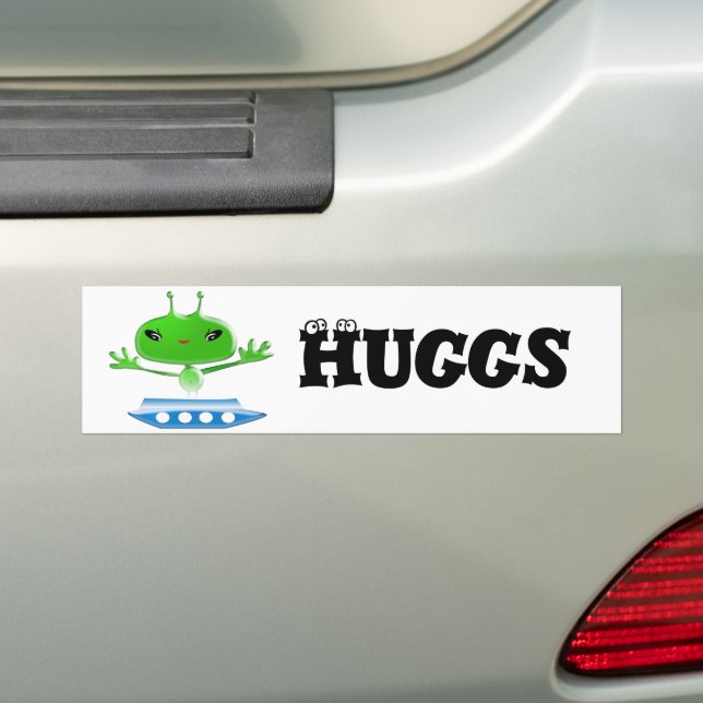 Cute Green Outer Space Aliens with Space Ship Bumper Sticker (On Car)
