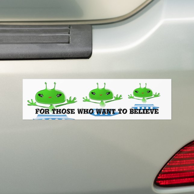 Cute Green Outer Space Aliens with Space Ship Bumper Sticker (On Car)