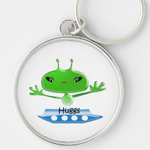 Cute Green Outer Space Aliens with Space Ship Keychain