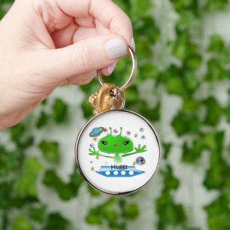Cute Green Outer Space Aliens with Space Ship Keychain