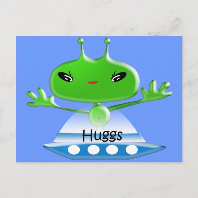 Cute Green Outer Space Aliens with Space Ship Postcard (Front)