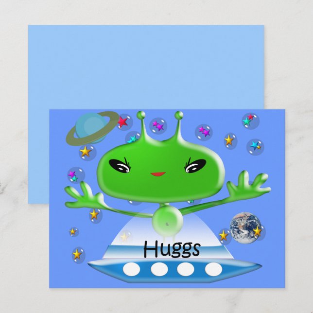 Cute Green Outer Space Aliens with Space Ship Postcard (Front/Back)
