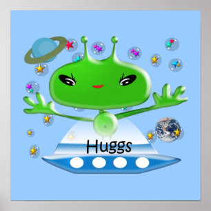 Cute Green Outer Space Aliens with Space Ship Poster