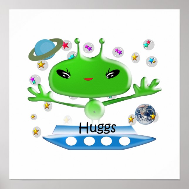 Cute Green Outer Space Aliens with Space Ship Poster (Front)