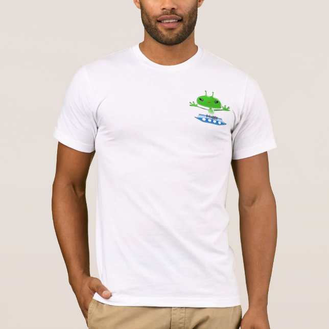 Cute Green Outer Space Aliens with Space Ship T-Shirt (Front)