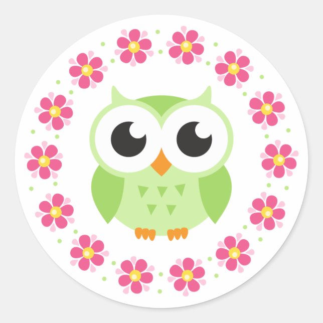 Cute green owl inside pink flower border classic round sticker (Front)