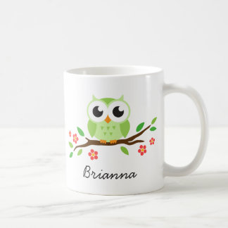 Cute green owl on floral branch personalized name coffee mug