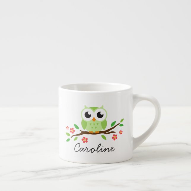 Cute green owl on floral branch personalized name espresso cup (Right)