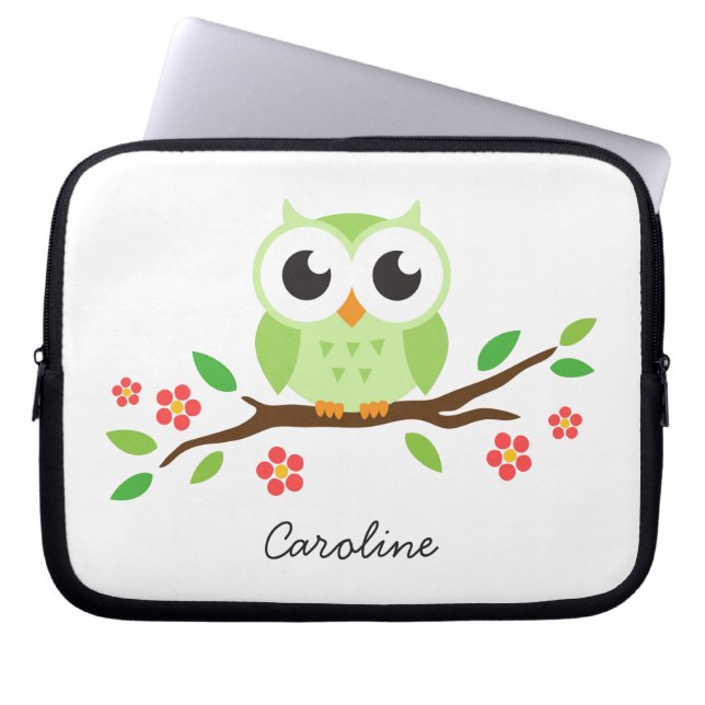 Cute green owl on floral branch personalized name laptop sleeve (Front)
