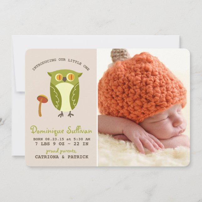 Cute Green Owl Photo Birth Announcement (Front)