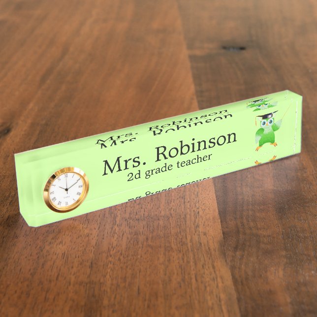 Cute Green Owl Teacher customizable Nameplate (Side)
