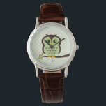 Cute Green Owl Watch<br><div class="desc">Stylish custom watch features a sweet vector illustration of an owl perched on a tree branch on a polka dots pattern background.  Babystar Design at mygrafico.com</div>