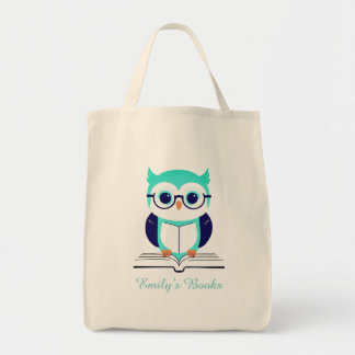 Cute green owl with book personalized library book tote bag