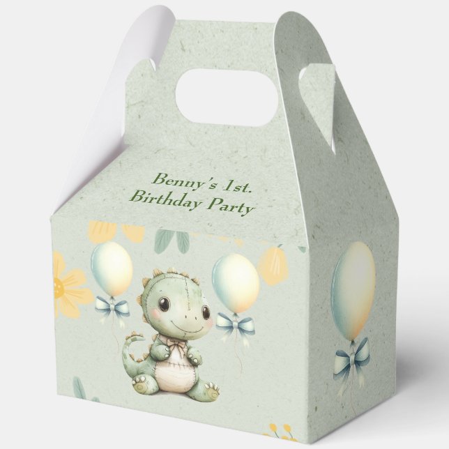 Cute Green Painted Dinosaur 1st Birthday Party Favor Box (Back)