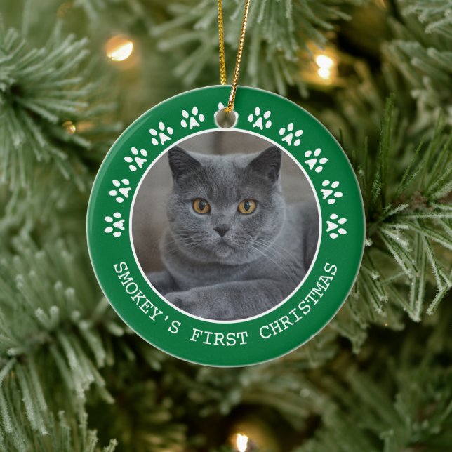 Cute Green Paw Prints Photo Frame Christmas Ceramic Ornament (Tree)