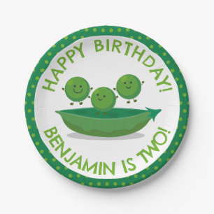 Cute green peas in pod personalised birthday paper plate