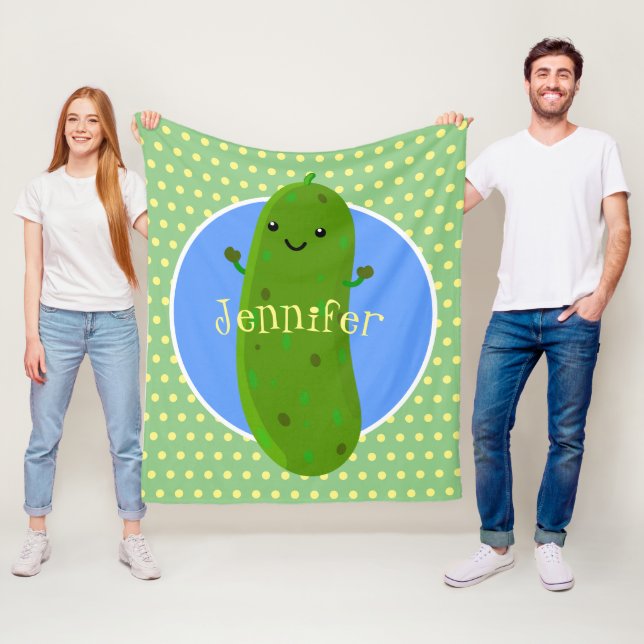 Cute green pickle cucumber cartoon illustration fleece blanket (In Situ)