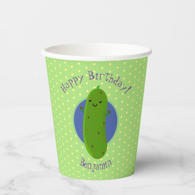 Cute green pickle cucumber cartoon illustration paper cups (Front)