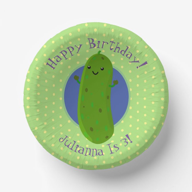 Cute green pickle cucumber cartoon illustration paper plate (Front)