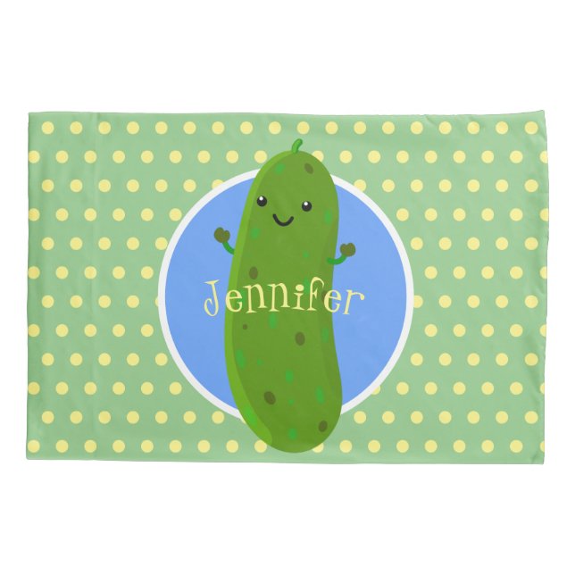 Cute green pickle cucumber cartoon illustration pillowcase (Back)