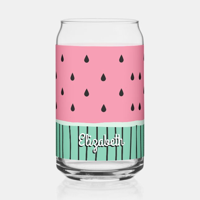Cute Green Pink Pastel Watermelon Personized Can Glass (Front)