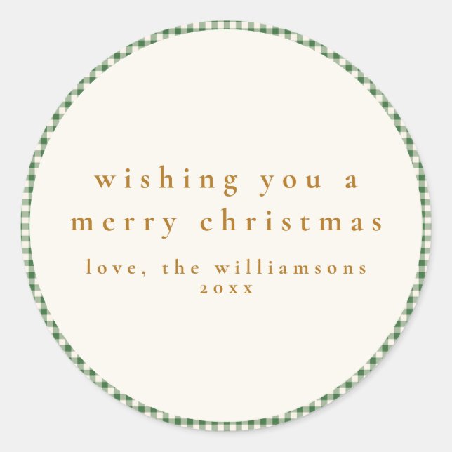 Cute Green Plaid Custom Christmas Wishes Classic Round Sticker (Front)